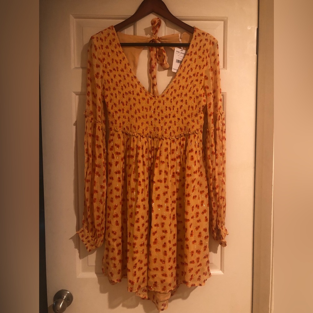 Free People Dress: orange/floral. Sheer bell sleeves, open back w/ a tie. NWT!